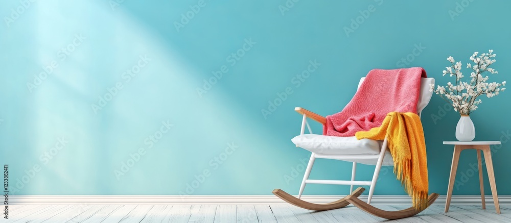 Poster charming rocking chair styled with vibrant throw blanket in tranquil living space with empty copy sp