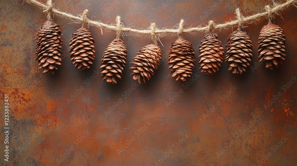 Poster decorative pine cone garland hanging on a rustic background with ample empty space for text or creat