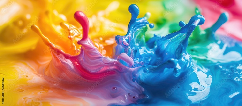 Poster colorful paint splashes in vibrant tones with dynamic water droplets on a blurred background with co