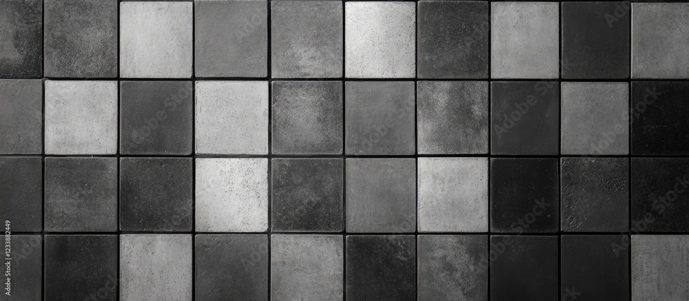 Poster black and gray tiled wall pattern with varying shades and textures featuring square tiles and copy s
