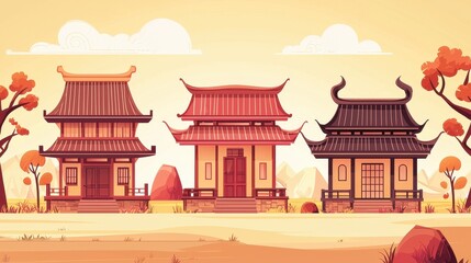 Three Asian Style Houses In A Serene Landscape