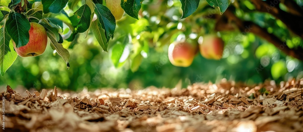 Poster apple tree branches with ripe apples surrounded by mulch on the ground in an orchard during daylight