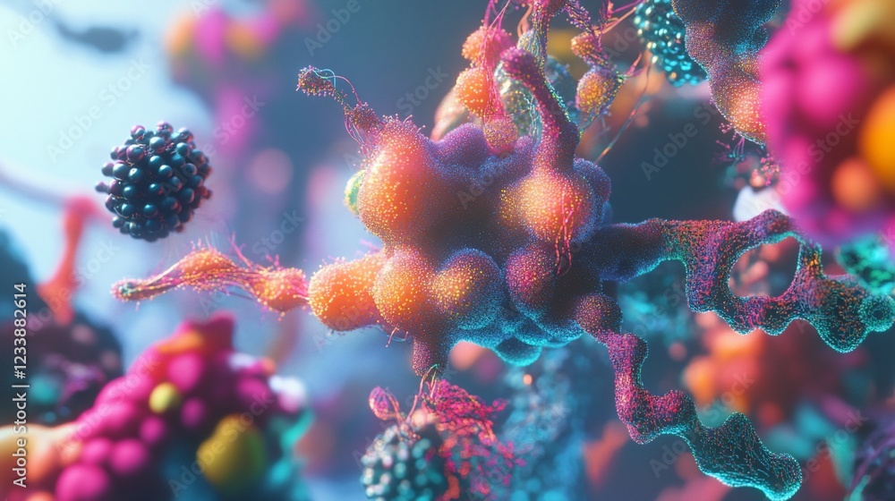 Poster abstract visualization of interconnected cellular structures with vibrant colors and intricate detai