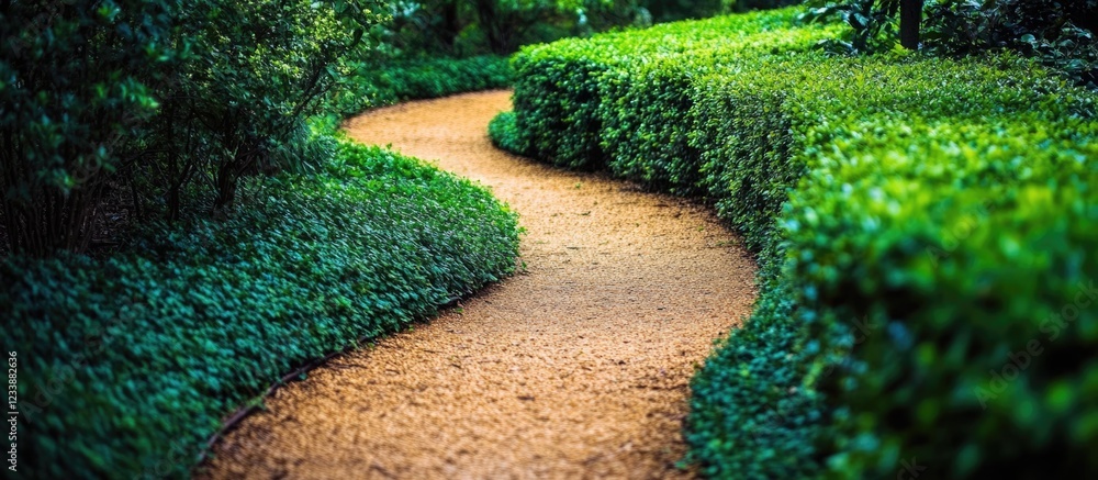 Poster winding pathway through lush green hedges in a tranquil garden setting with copy space for text