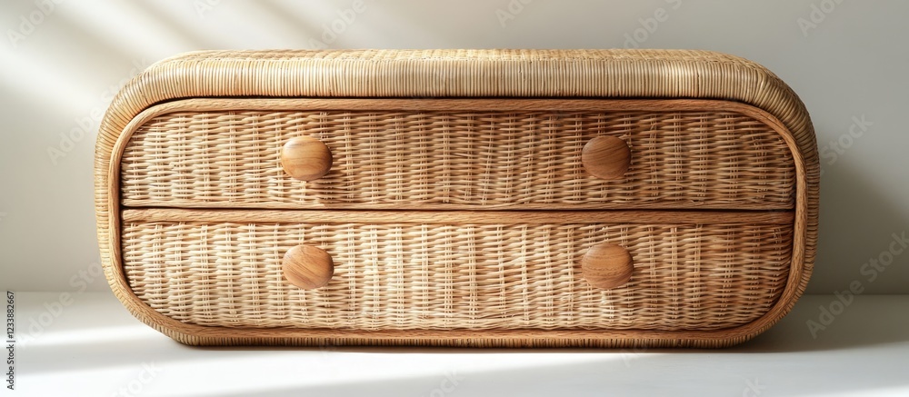 Poster woven wicker storage box with two drawers and wooden knobs on a light background with copy space.