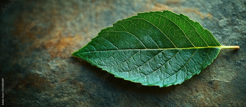 Poster close-up of green leaf on textured stone surface with natural lighting and copy space for text place