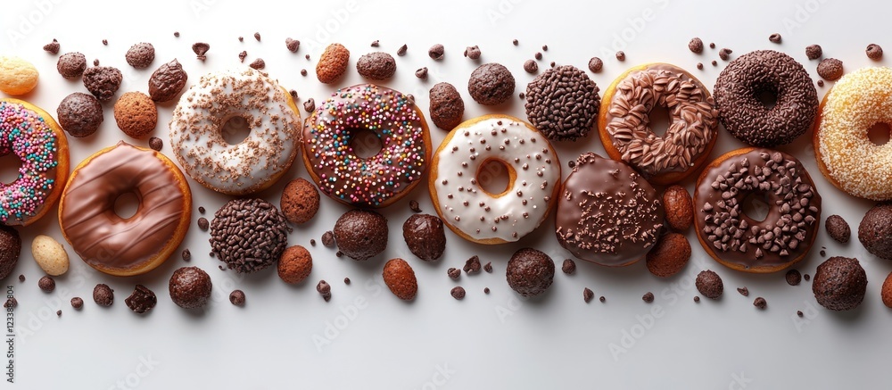 Poster assorted donuts with various toppings arranged on a white background with coffee beans and chocolate