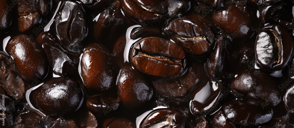 Poster close-up of roasted coffee beans with shiny surface and rich dark color suitable for various uses co