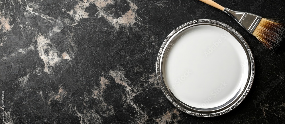 Poster paint can and brush on dark marble surface with ample copy space for text