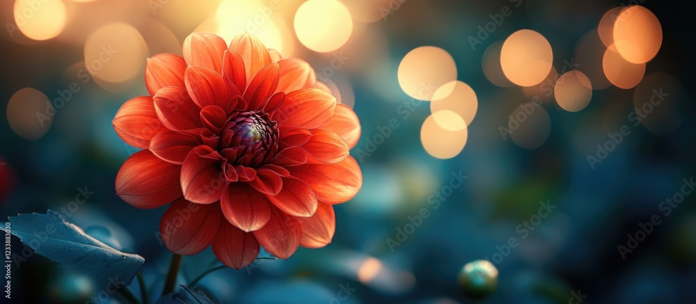 Poster vibrant red flower with soft bokeh background and warm lighting in nature garden setting copy space