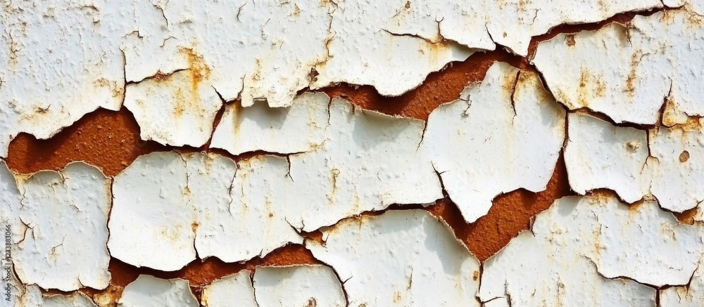 Poster cracked and peeling paint on weathered surface with rust colored underlayer and copy space for text
