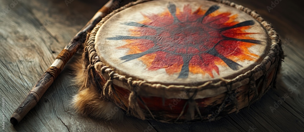 Poster traditional handmade drum with intricate patterns and a wooden flute on a rustic wooden table with n