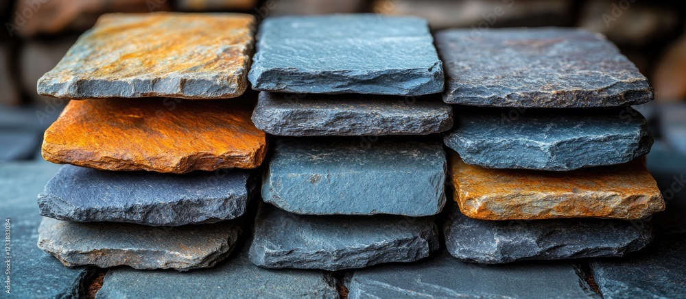 Poster stacked colorful slate tiles with varying textures and colors on a stone surface copy space