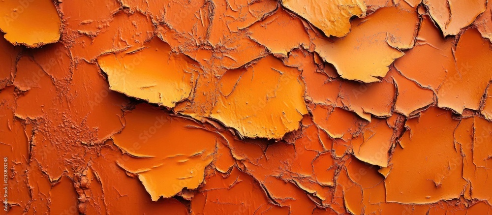 Poster peeling paint texture in shades of orange on a weathered surface with copy space for text placement