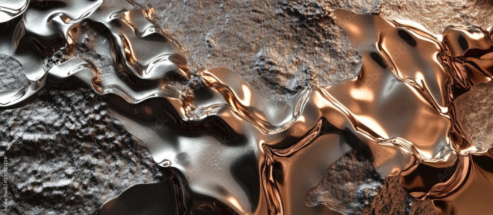 Poster abstract close-up of fluid metallic surface with rippled textures and reflective properties copy spa