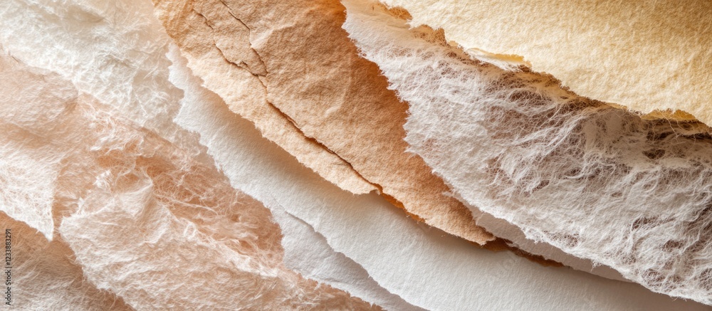 Poster textured layers of handmade paper in neutral tones with visible fibers and natural imperfections dec