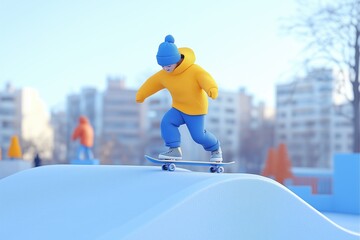 A stylized 3D character skateboarding on a ramp in a colorful urban park setting. The character wears a bright yellow jacket and blue pants, showcasing a playful winter vibe. 