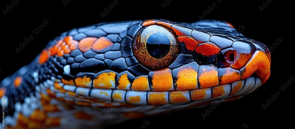 Poster close-up portrait of a colorful snake with intricate scales featuring orange, black, and yellow patt