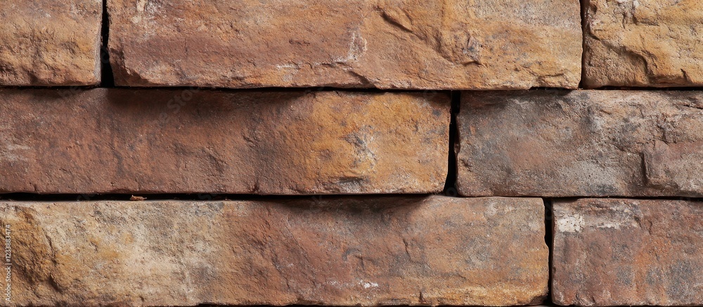 Poster textured wall of rustic brown stone bricks arranged in a uniform pattern suitable for architectural 
