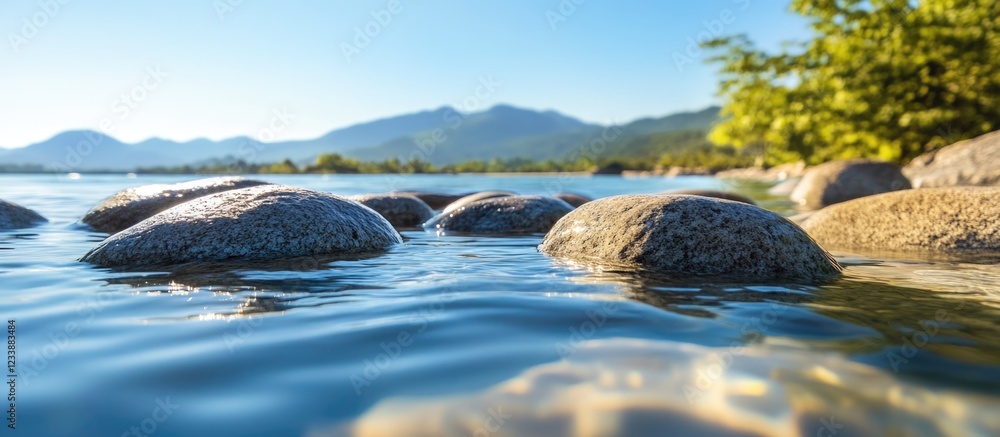 Poster smooth wet stones on the water surface with clear reflections and mountains in the background during