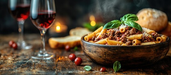 Delicious plate of pasta with meat sauce garnished with fresh basil served with red wine in glasses on rustic wooden table Copy Space
