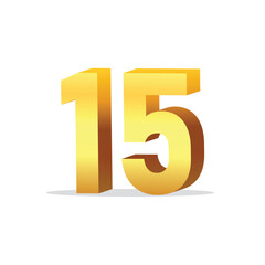 3d gold number 15 isolated vector design on white background