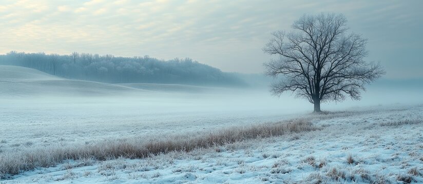 Lonely winter tree in a foggy landscape with frost covered grass and hills under a cloudy sky Copy Space