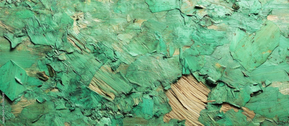 Poster green textured background with abstract layers of paint and wood fragments for creative use and desi