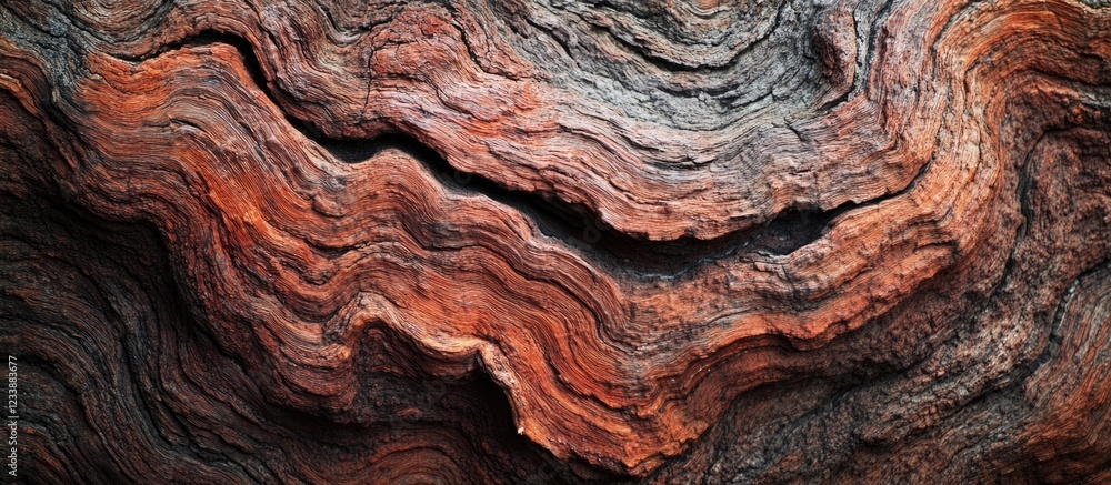Poster abstract texture of weathered wood with deep grooves and rich brown and red tones suitable for backg