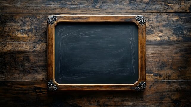 Empty vintage wooden framed black chalkboard background with grunge texture  Rustic style chalkboard template for education school learning teaching or business presentation conference