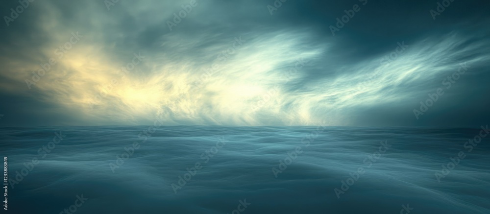 Poster atmospheric ocean seascape with dramatic clouds and soft waves under a moody sky with muted colors a