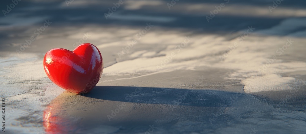 Poster red heart symbol on a reflective surface with soft shadows in the background copy space