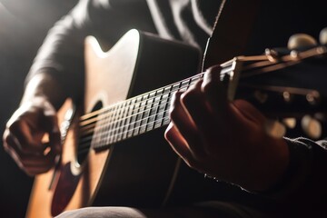 Fototapeta premium Close-Up of a Musician Playing Acoustic Guitar in Soft Light With Warm Tones and Detailed String Focus