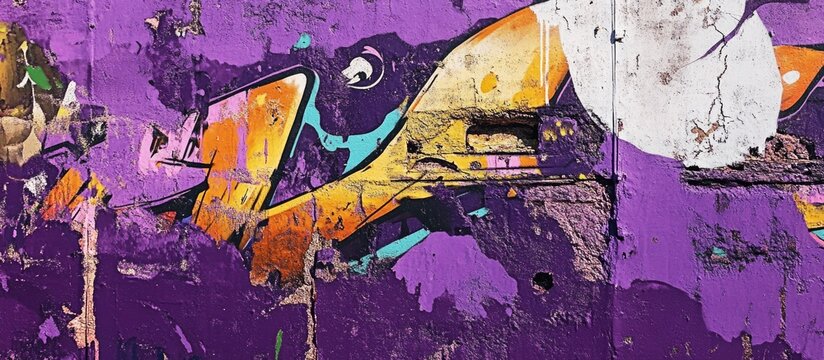 Colorful urban graffiti art on weathered purple wall with abstract shapes and textures