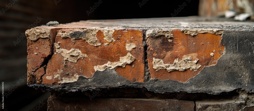 Poster close-up of weathered and chipped brick surface with visible deterioration and rough texture