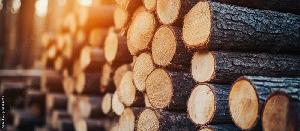 Poster stacked logs in a forest during sunset with warm lighting and blurred background providing ample cop