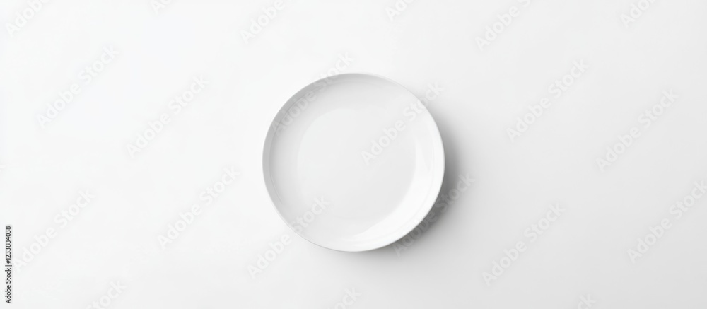 Poster minimalistic white plate isolated on white background with ample copy space for design applications