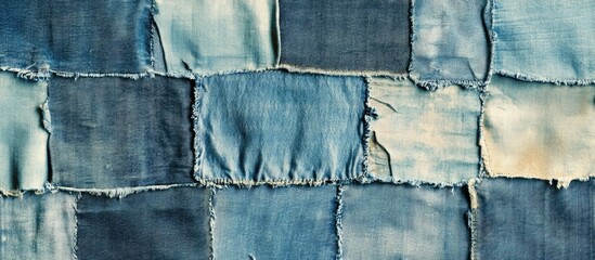Denim fabric patchwork background with various shades of blue textured fabric squares and frayed edges Copy Space