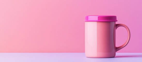 Pink ceramic mug with a pink lid on a pastel pink background, minimalistic design with copy space for product presentation.