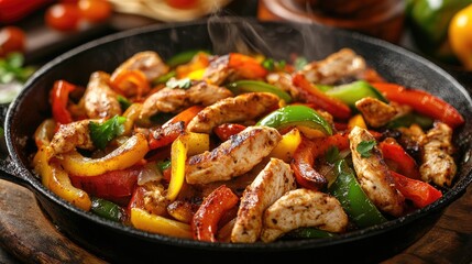 Sizzling chicken fajitas with colorful bell peppers and onions served in a hot skillet showcasing vibrant and appetizing dish presentation