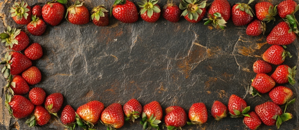 Poster fresh strawberries arranged in a rectangular border on a dark stone surface with copy space in the c