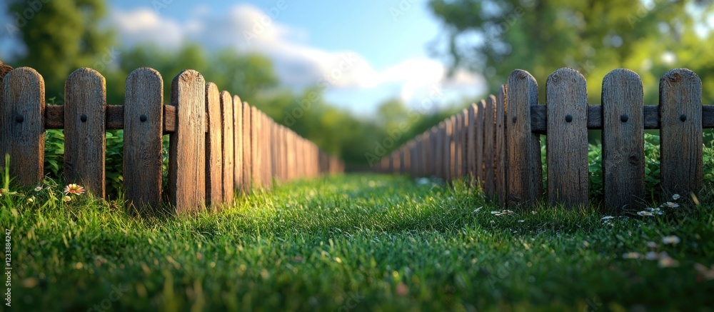Poster wooden fence lines a grassy pathway with soft sunlight filtering through trees under a cloudy sky co