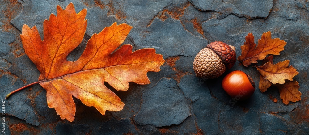 Poster autumn leaves and acorns arranged on a textured stone background with copy space for text elements
