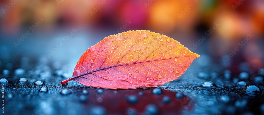 Poster close-up of a vibrant red autumn leaf with water droplets on a wet surface surrounded by blurred col
