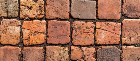 Obraz premium Textured pattern of weathered brick pavement with various shades of red and brown colors filled with cracks and dirt, Copy Space