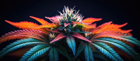 Close-up of colorful cannabis plant leaves and flowers with vivid hues and sharp focus, dark background, Copy Space