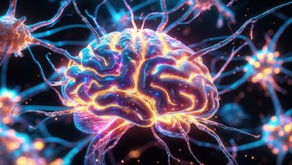 Obraz premium Glowing Human Brain Neural Network 3d Render