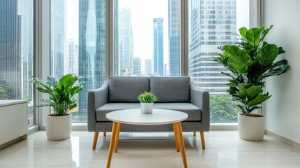 Modern Living Room with City View and Green Plants