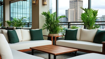 Fototapeta premium Modern Lounge Area with Green Plants and City View