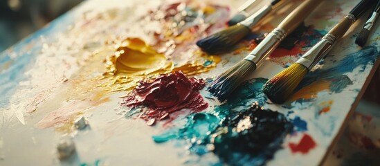 Fototapeta premium Artist paint palette with colorful paints and brushes in natural light Copy Space